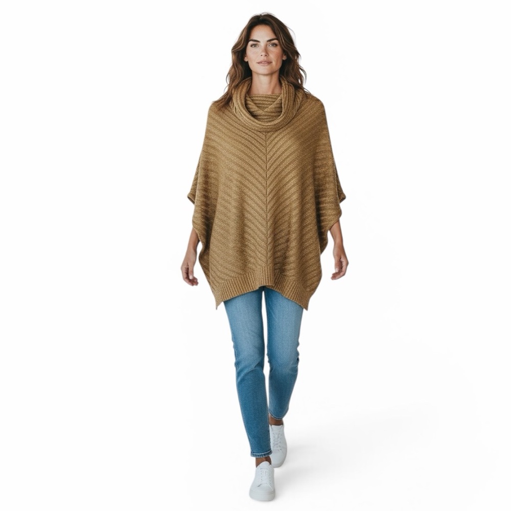 Worthington Camel Ribbed Cowl Neck Poncho Sweater